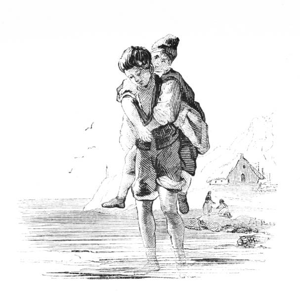One boy wades in the sea and carries another boy, wearing shoes, on his back. Illustrations are Wood-Engravings published in London, England, in an 1841 nonfiction book about fish. Copyright has expired and is in Public Domain.
