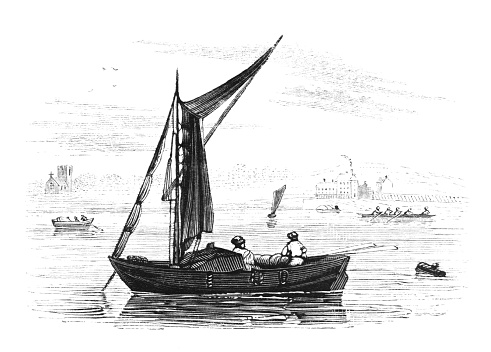 Fishing boats on the Thames River at Greenwich, England . Illustrations are Wood-Engravings published in London, England, in an 1841 nonfiction book about fish. Copyright has expired and is in Public Domain.
