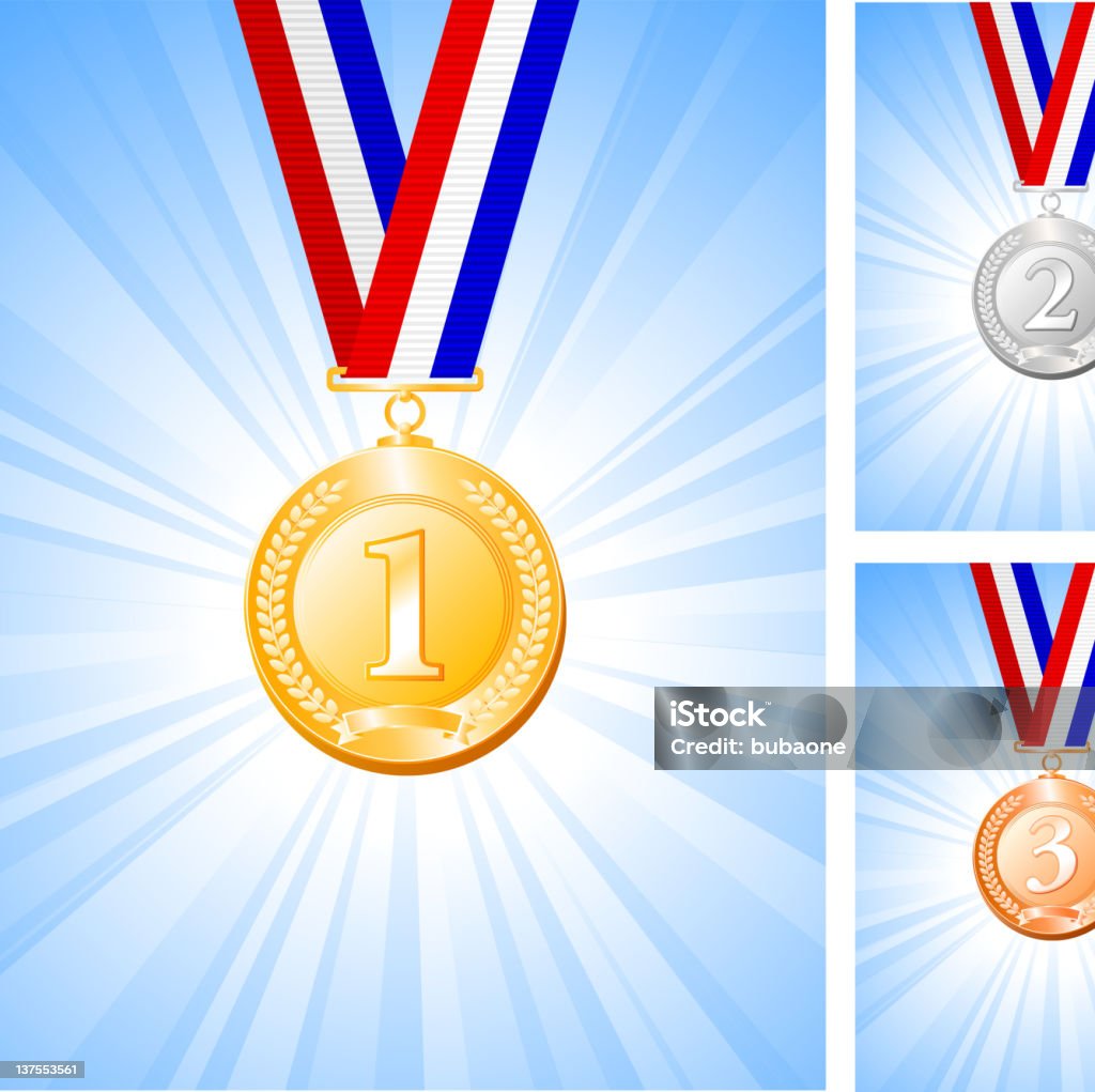 Золотые, серебряные и бронзовые медаль на Светящийся голубой фон - Векторная графика Белый роялти-фри