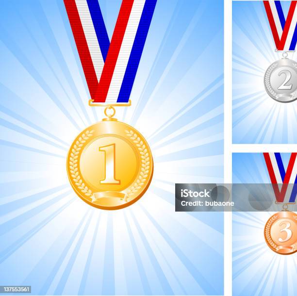 Золотые Серебряные И Бронзовые Медаль На Светящийся Голубой Фон — стоковая векторная графика и другие изображения на тему Белый