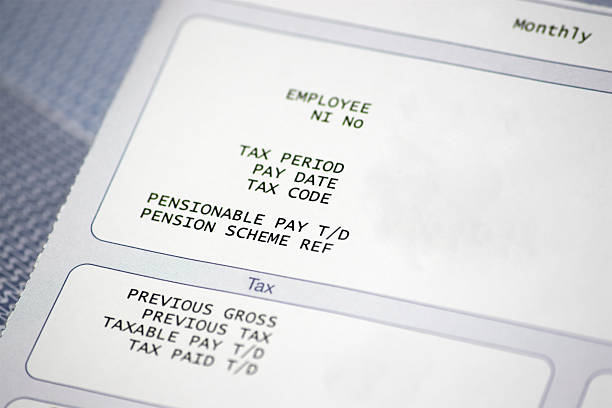 Paper pay slip with tax and pension information Blank pay slip paycheck photos stock pictures, royalty-free photos & images