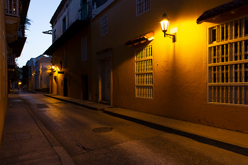 Old town streets at dusk in Cartagena, Colombia.