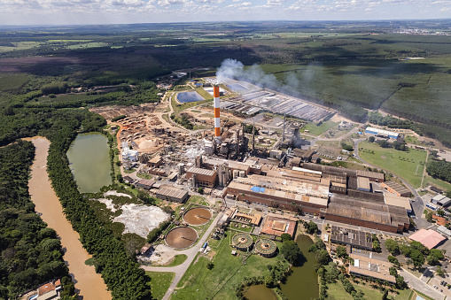 Aerial view of paper industry in rural area, Mogi Mirim, SP, Brazil