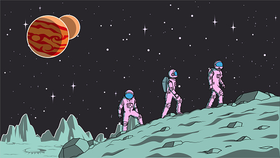A cartoon style vector illustration of a team of astronauts exploring a moon, with outer space in the background. Wide space available for your copy.