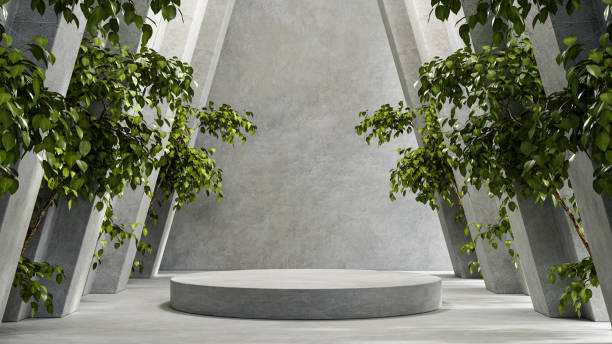 istock Mock up concrete podium for product presentation with tree and a cement background. 1375651183