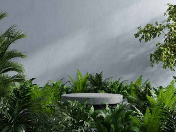 istock Concrete podium in tropical forest for product presentation. 1375651240