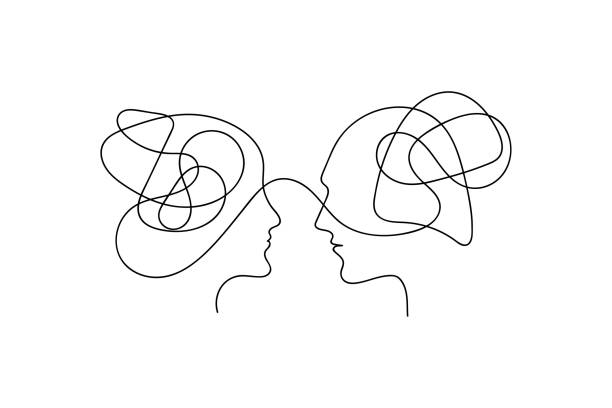 ilustrações de stock, clip art, desenhos animados e ícones de two profiles male and female connected by thread - profile men young adult human head