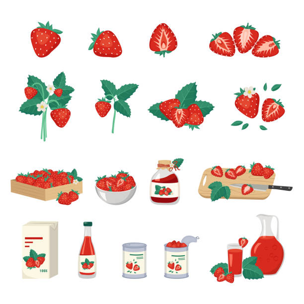 набор красной клубники и продукт из нее - strawberry stock illustrations
