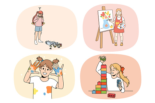 Collection of happy small girls kids have fun relax drawing with paints on weekend. Set of smiling little children rest construct with building blocks. Hobby and entertainment. Vector illustration.