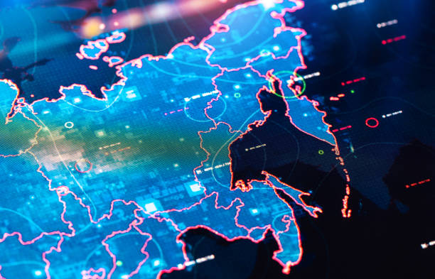 istock Map of Russia on digital display 1375800597