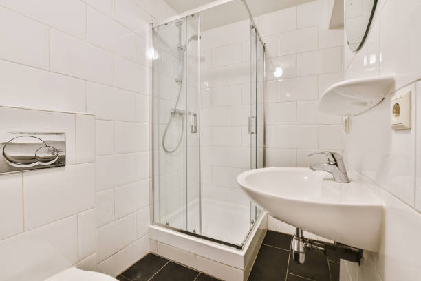 istock Stunning bathroom with black tiled floor 1375801506