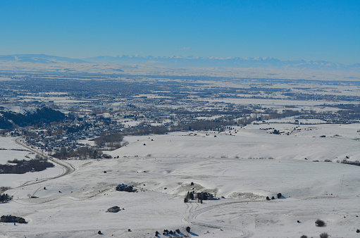 Aerial view of the Gallatin valley in the snow