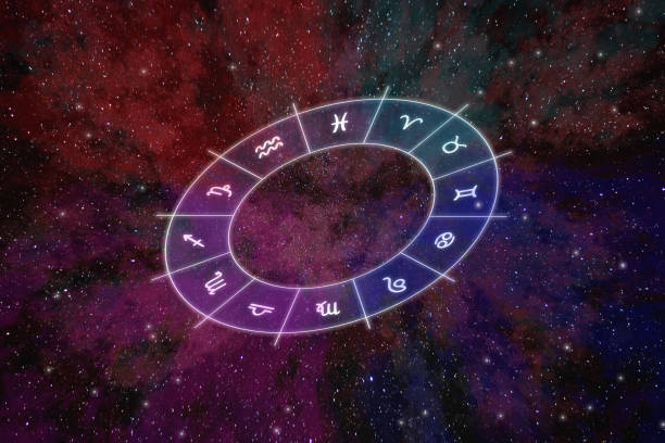 Astrological zodiac signs inside of horoscope circle stock photo