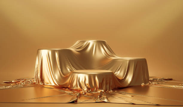 istock Gold podium elegant fabric background of luxury empty presentation studio product decoration or show stand golden pedestal shiny satin fashion and abstract 3d stage scene display on premium backdrop. 1375842083