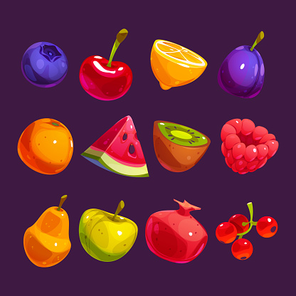 Fruits and berries game icons for casino, pc or mobile app puzzle ui elements. Plum, cherry, blueberry and orange with lemon, raspberry, kiwi, pear, apple, garnet and red currant, Cartoon vector set