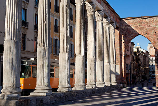 San Lorenzo Columns Milan Italy With Tram Passing.