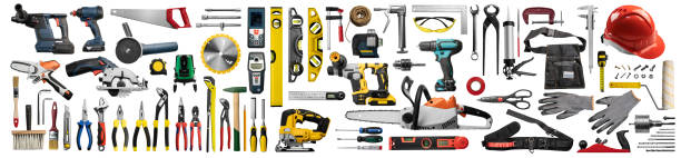 gran conjunto de herramientas de construcción sobre fondo blanco - hammer work tool isolated hand tool fotografías e imágenes de stock