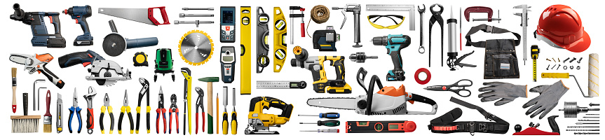 Large set of construction tools on a white background.