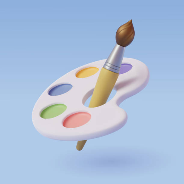 illustrazioni stock, clip art, cartoni animati e icone di tendenza di tavolozza di arte vettoriale 3d con pennello su blu. - art artist palette paint