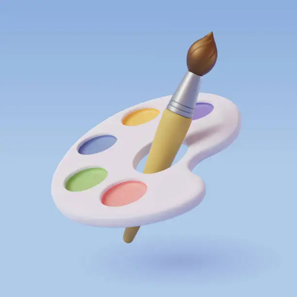 Vector illustration of 3d Vector art palette with brush on blue.