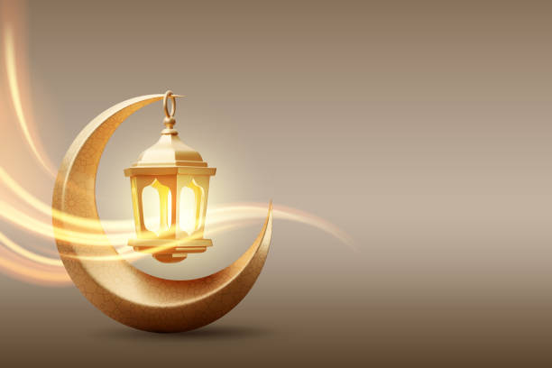 Golden Ramadan Kareem lantern hang on crescent moon Golden Ramadan Kareem lantern hang on crescent moon. Eps 10 Vector. islam moon stock illustrations