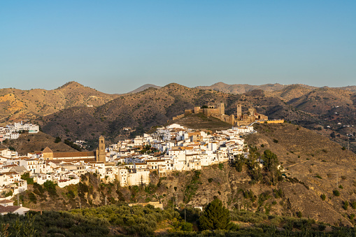 Alora, Spain - 23 February, 2022: view of the Andalusian village of Alora and Moorish Castle