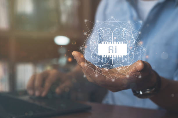 Internet of Things IoT concept. Business man using laptop computer on technology background, 4.0 industrial technology development, remote control. AI concept