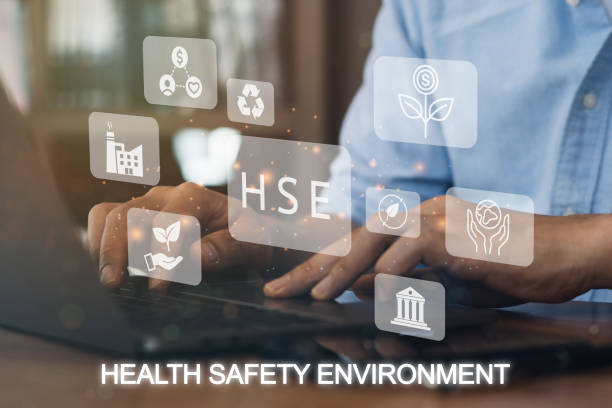 istock Businessman using a computer to HSE - Health Safety Environment acronym Banner web icon for business and organization. Standard Safe Industrial Work and industrial. Poster design.