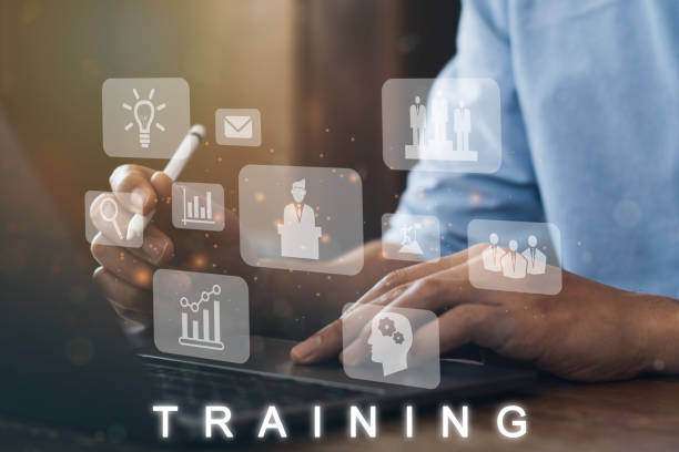 istock Businessman using a computer to Training banner web icon for business and Seminar, coach, teaching, learn, evaluation, knowledge, doing, experience and skill. Minimal vector infographic.
