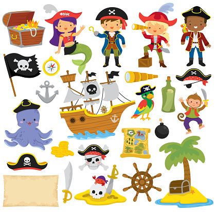 Pirates clipart set with pirate kids and various pirate items.