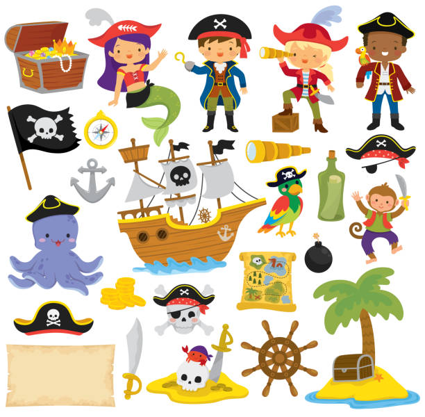 Pirates Clipart Set - Cute Cartoons Pirates clipart set with pirate kids and various pirate items. pirate map stock illustrations