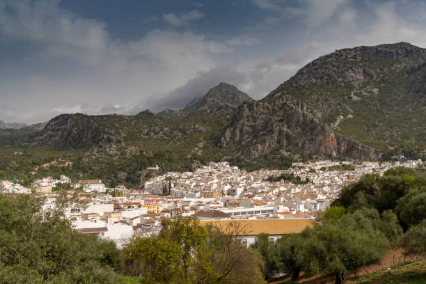 view of the idyllic whitewashed andalusian town of ubrique in the los alcornocales nature park - ubrique imagens e fotografias de stock