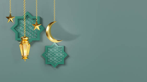 istock Ramadan Kareem greeting template with arabic lanterns and moon on the background for advertising products - 3d rendering illustration for cards, greetings. 1375897381