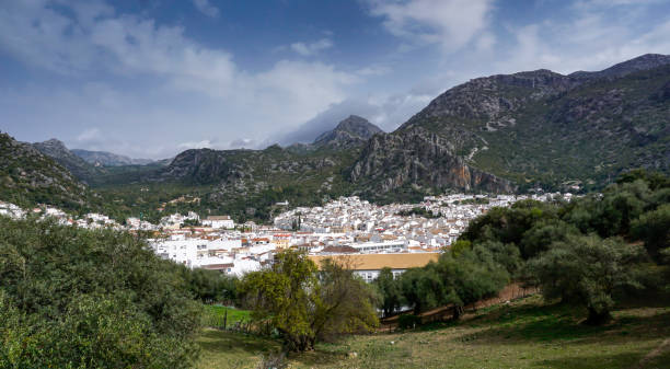widok na idylliczne bielone andaluzyjskie miasto ubrique w parku przyrody los alcornocales - ubrique zdjęcia i obrazy z banku zdjęć
