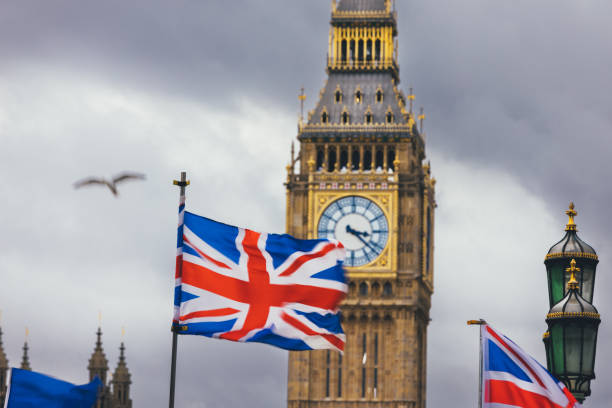 istock Union Jack flag and Big Ben in background 1375898303
