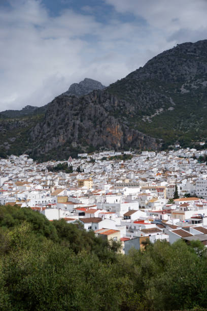 vertical view of the idyllic whitewashed andalusian town of ubrique in the los alcornocales nature park - ubrique imagens e fotografias de stock