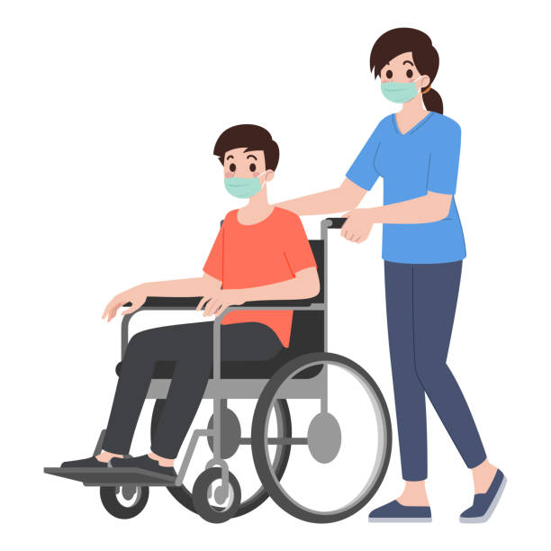 介護施設で保護フェイスマスクを着用した医療看護師介護者は男性と一緒に車椅子を運びます。人々の医療介護概念。フラット漫画ベクトルイラスト。 - on wheels点のイラスト素材／クリップアート素材／マンガ素材／アイコン素材