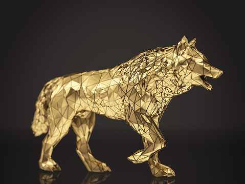 Golden Low Poly Wolf. 3D Render