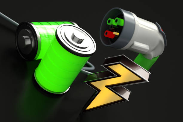 Electric Vehicle Charging Plug with Full Charged Batteries. 3D Render