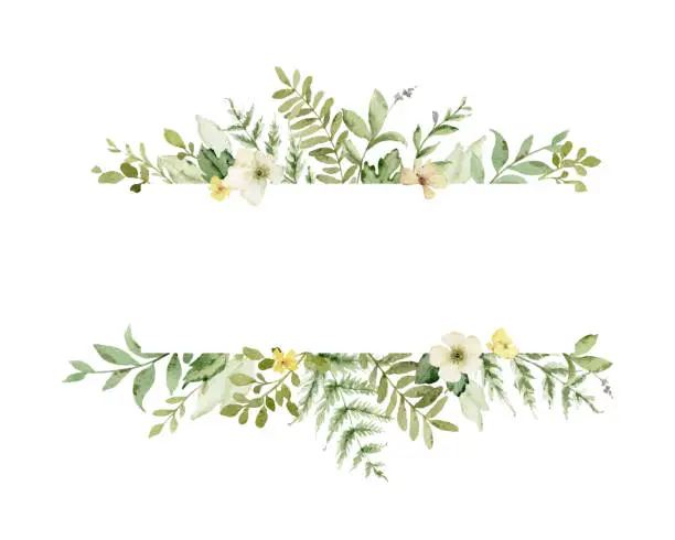 Vector illustration of Watercolor vector banner with green forest foliage and flowers. Floral illustration for  greetings, wallpapers, invitation, wedding stationary, fashion, background.
