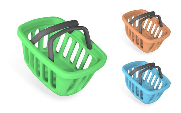 zestaw pustych koszyków 3d niebieskich, pomarańczowych i zielonych. koncepcja zakupów. ilustracja wektorowa - shopping bag orange bag handle stock illustrations