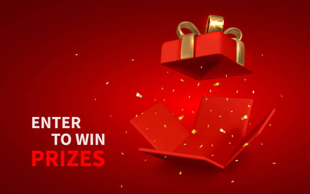 откройте красную подарочную коробку и конфетти на красном фоне. участвуйте, чтобы выиграть призы. векторная иллюстрация - gift stock illustrations
