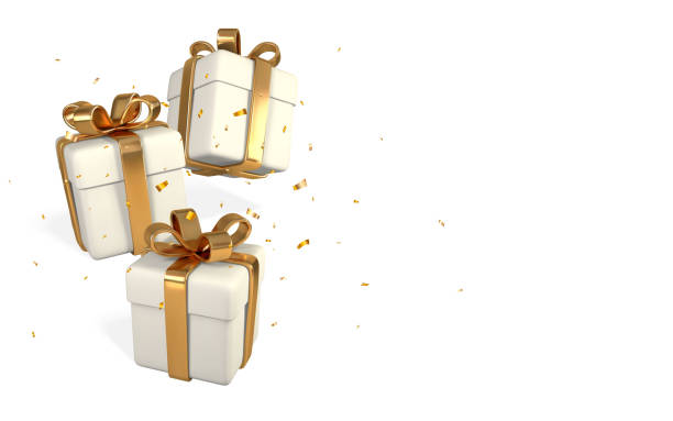 3D realistic white gift boxes with golden bow and confetti. Paper boxes with ribbon isolated on white background. Vector illustration 3D realistic white gift boxes with golden bow and confetti. Paper boxes with ribbon isolated on white background. Vector illustration. free bingo stock illustrations