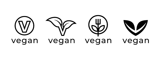 Vegan icon set. Plant based diet product label leaf symbols. Vegetarian food sign. Vector illustration.