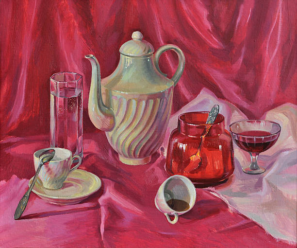 ilustraciones, imágenes clip art, dibujos animados e iconos de stock de púrpura de desayuno - nobody tablecloth cup saucer