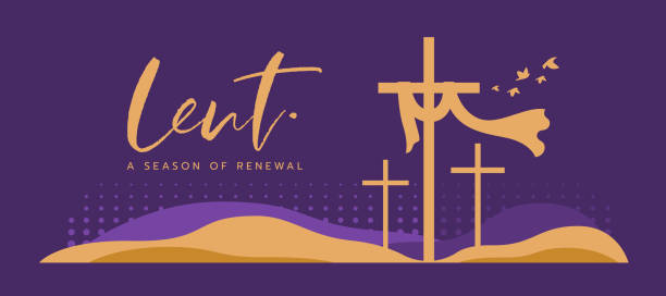lent, a season of renewal text and gold three Cross crucifix on hill with bubble texture and bird flying on purple background vector design lent, a season of renewal text and gold three Cross crucifix on hill with bubble texture and bird flying on purple background vector design lent stock illustrations
