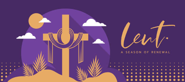 lent, a season of renewal text and gold Cross crucifix has a bandage in circle with palm leaves and sun on purple background vector design lent, a season of renewal text and gold Cross crucifix has a bandage in circle with palm leaves and sun on purple background vector design lent season stock illustrations