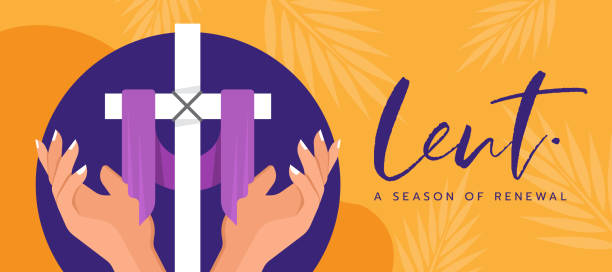 lent, a season of renewal - big hands hold care lent cross crucifix has a bandage in circle on yellow plam leaves texture background vector design lent, a season of renewal - big hands hold care lent cross crucifix has a bandage in circle on yellow plam leaves texture background vector design lent stock illustrations
