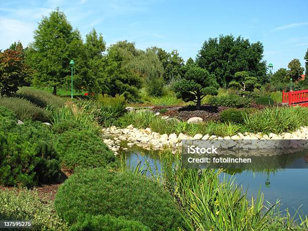 Japanischer Garten Mit Koiteich Stockfoto und mehr Bilder von Bonsai - Bonsai, Brücke, Buchsbaum