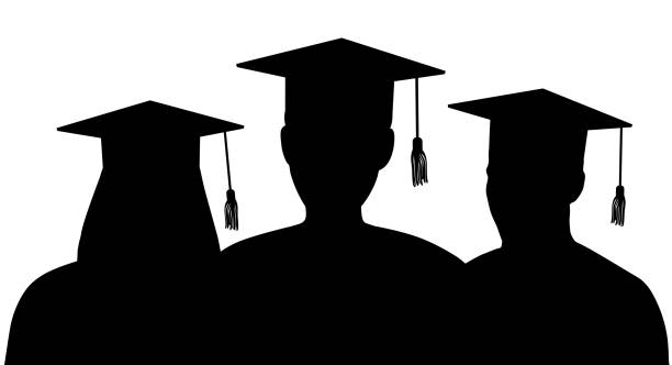 силуэты выпускников в выпускных шапках стоят друг за другом. векторная иллюстрация - silhouette student school learning stock illustrations